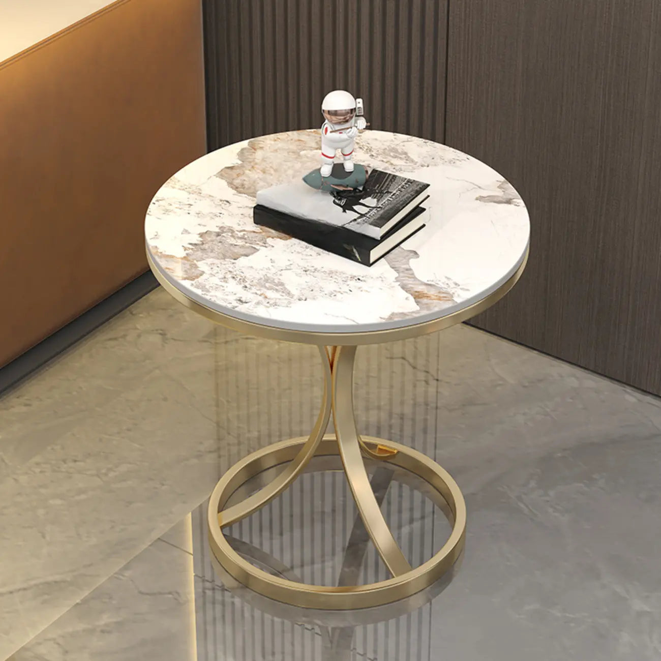 Round Gold Metal and Marble End Table for Living Room