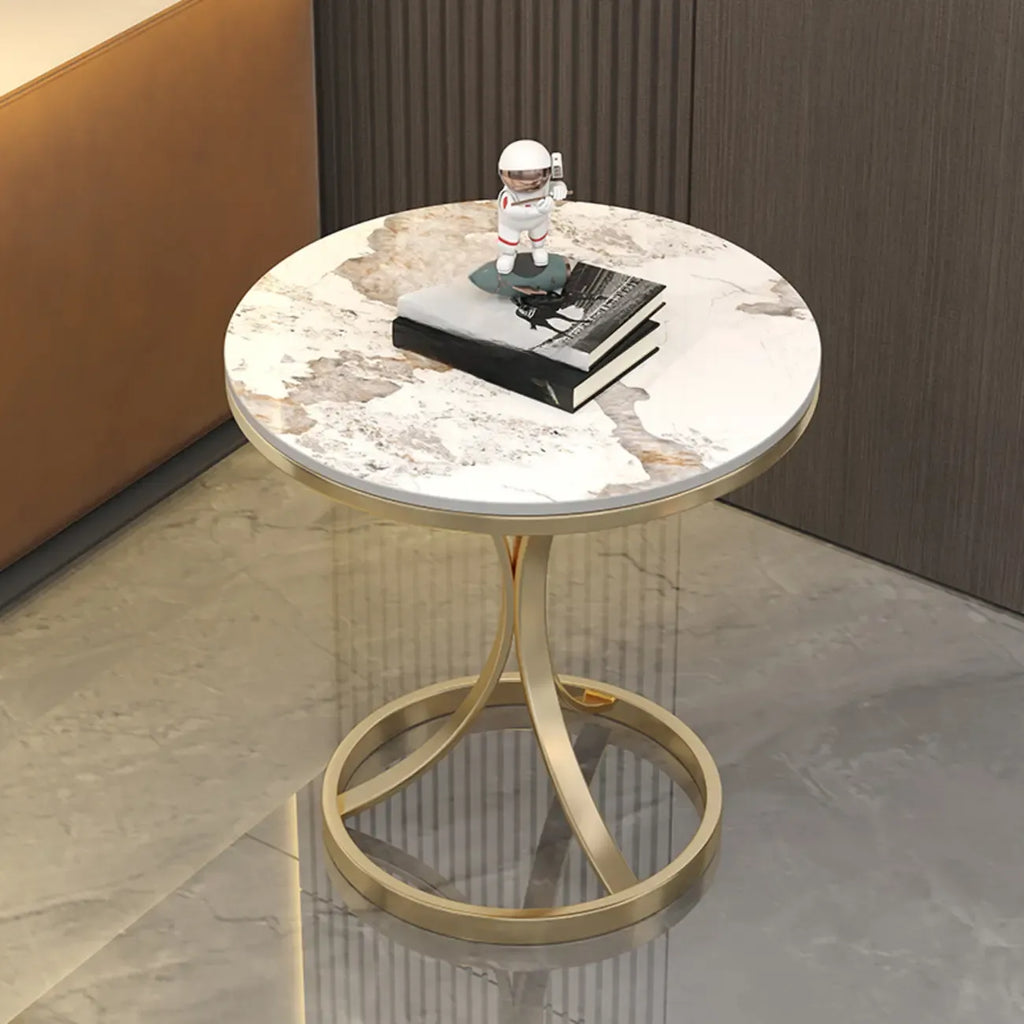 Round Gold Metal and Marble End Table for Living Room