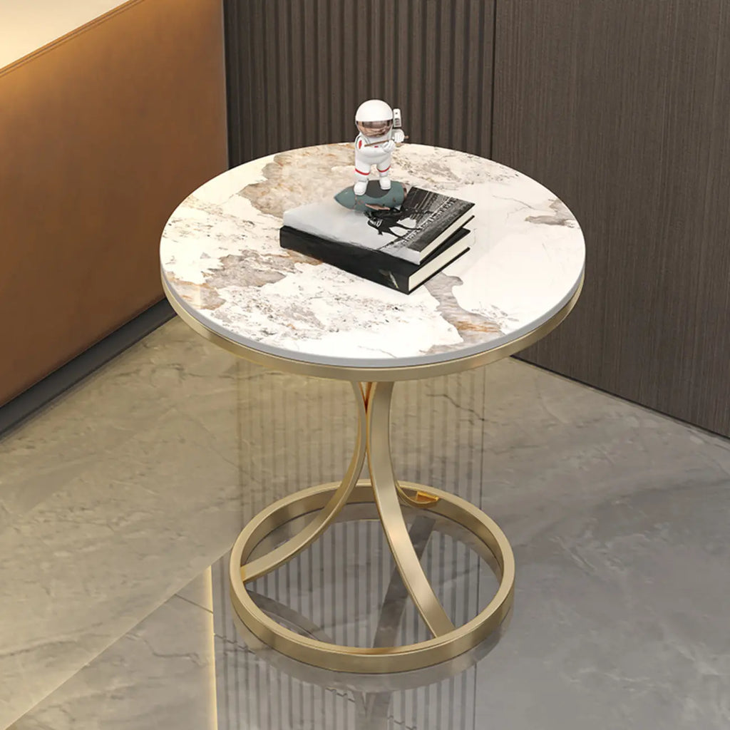 Round Gold Metal and Marble End Table for Living Room