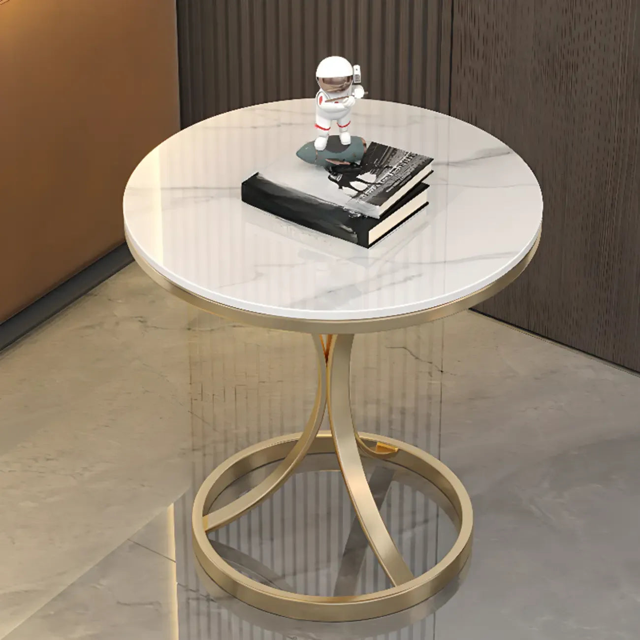 Round Gold Metal and Marble End Table for Living Room