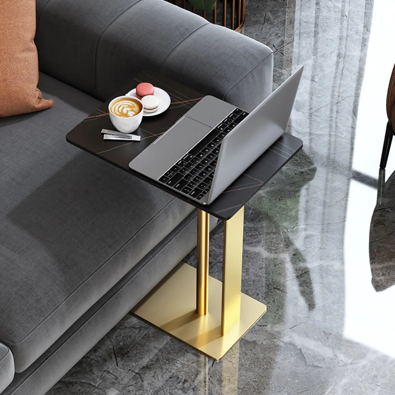 Minimalist C-Shaped White Sintered Stone Side Table for Sofa
