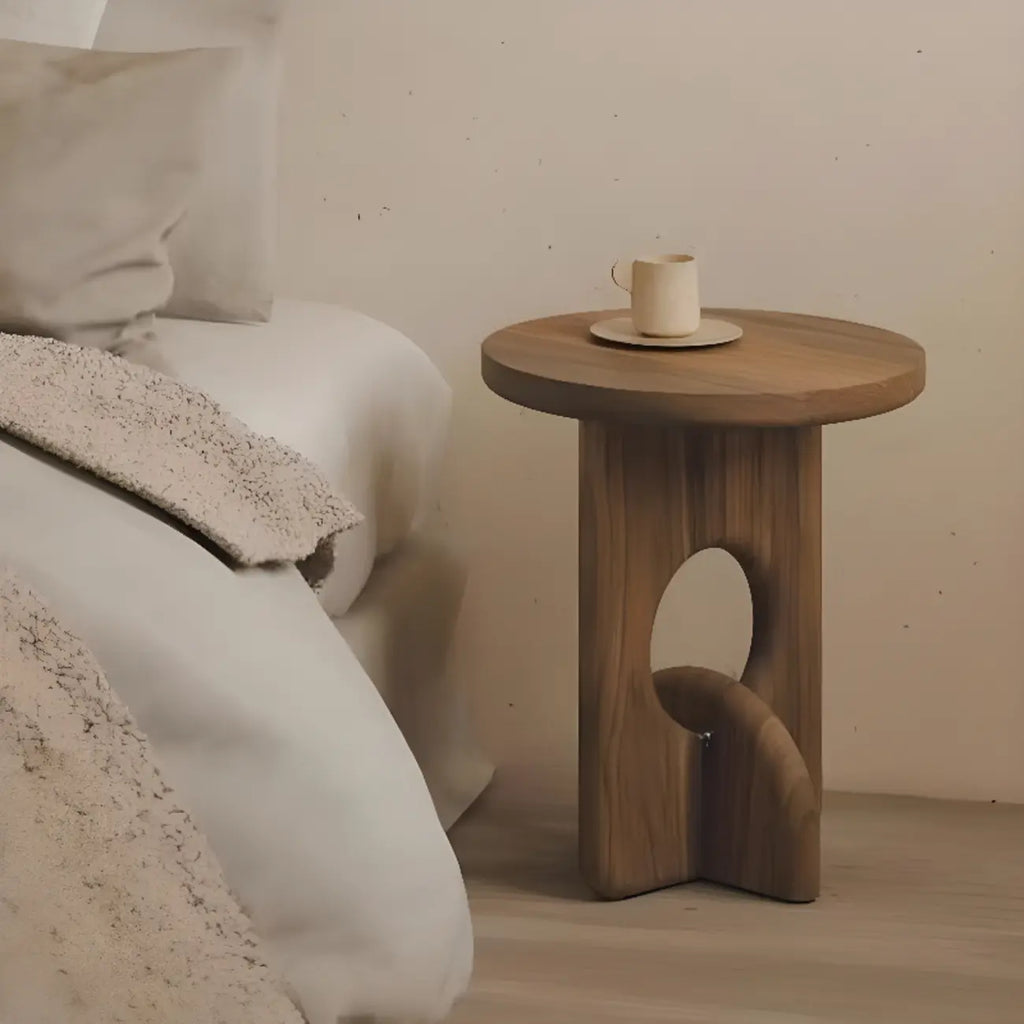 Unique Round Black Solid Wood End Table for Living Room