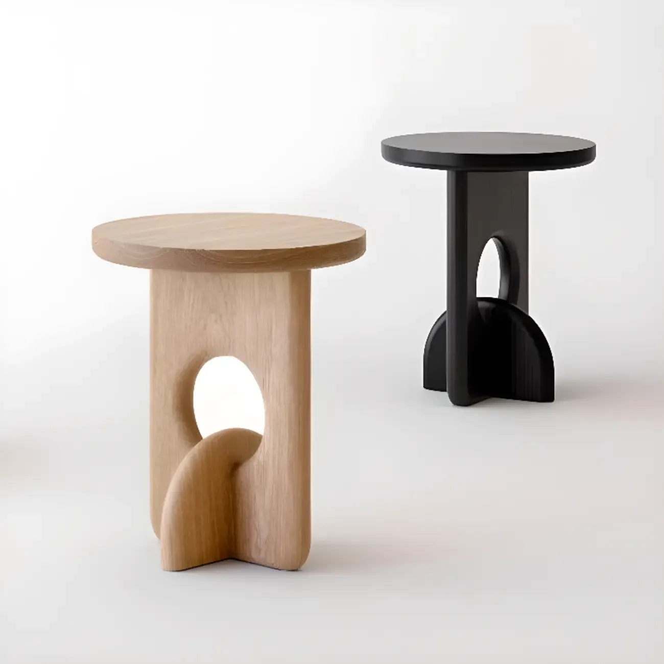 Unique Round Black Solid Wood End Table for Living Room