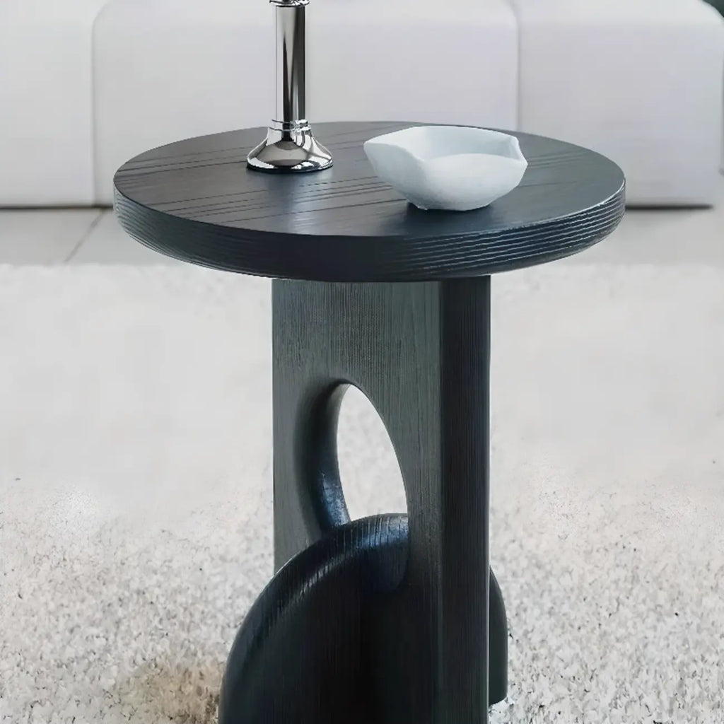 Unique Round Black Solid Wood End Table for Living Room