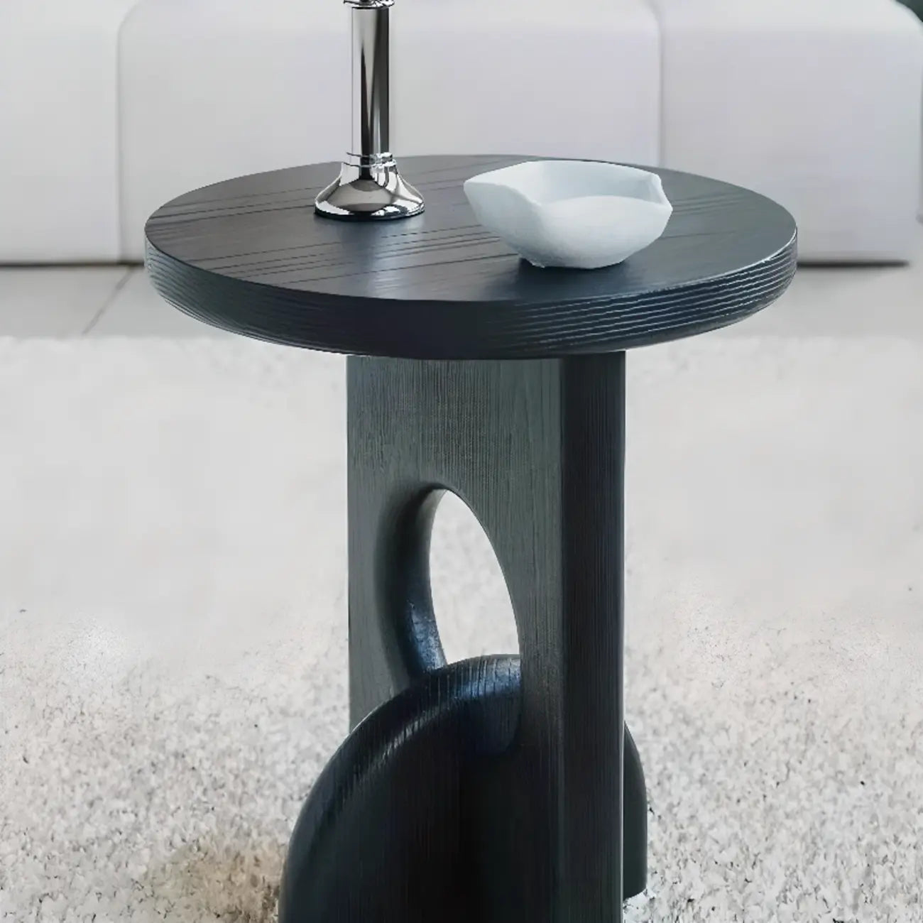 Unique Round Black Solid Wood End Table for Living Room