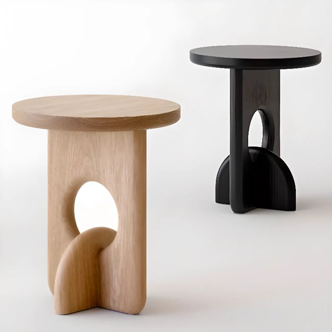 Unique Round Black Solid Wood End Table for Living Room