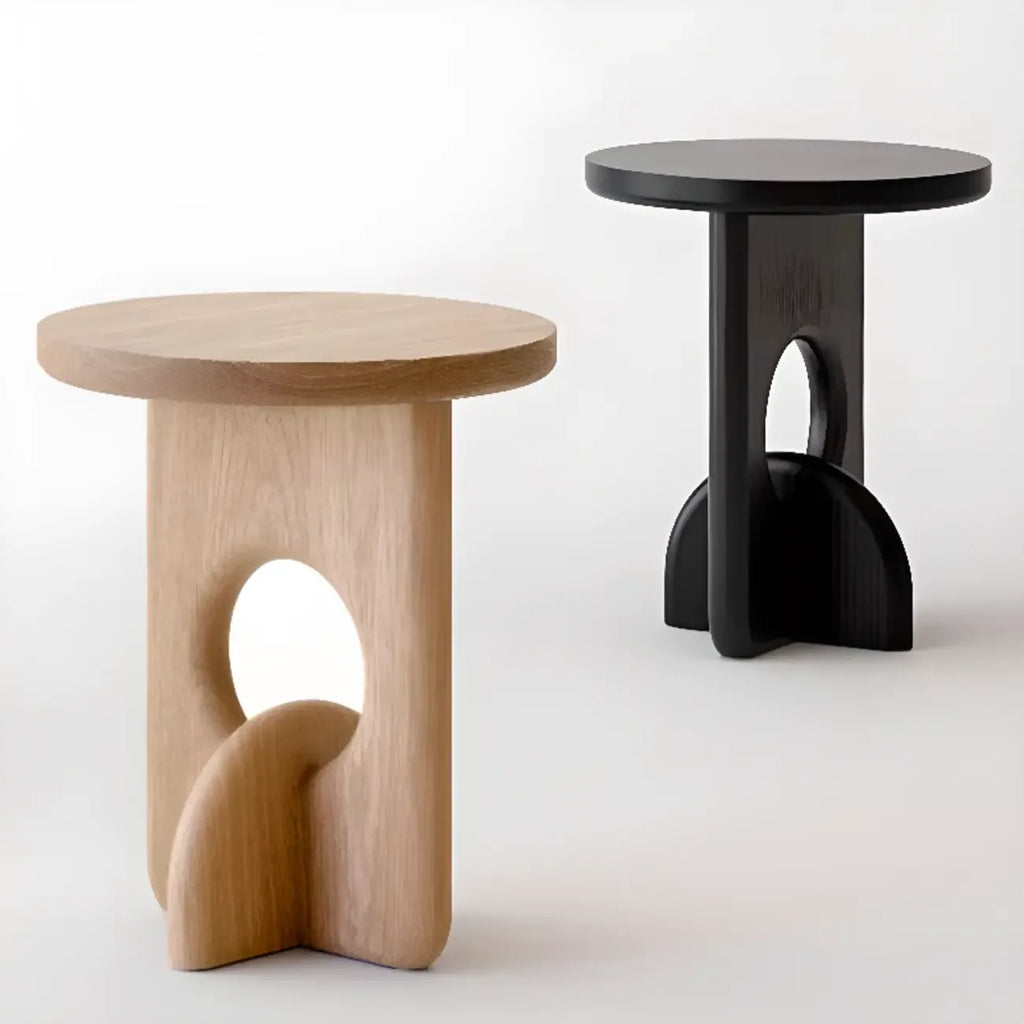 Unique Round Black Solid Wood End Table for Living Room