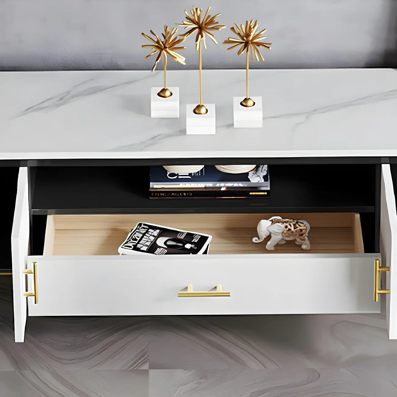 63 Contemporary Grey Stone Cabinet TV Stand with Open Shelf