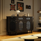 55 L French White/Black Oval Sideboard Cabinet with Glass Doors