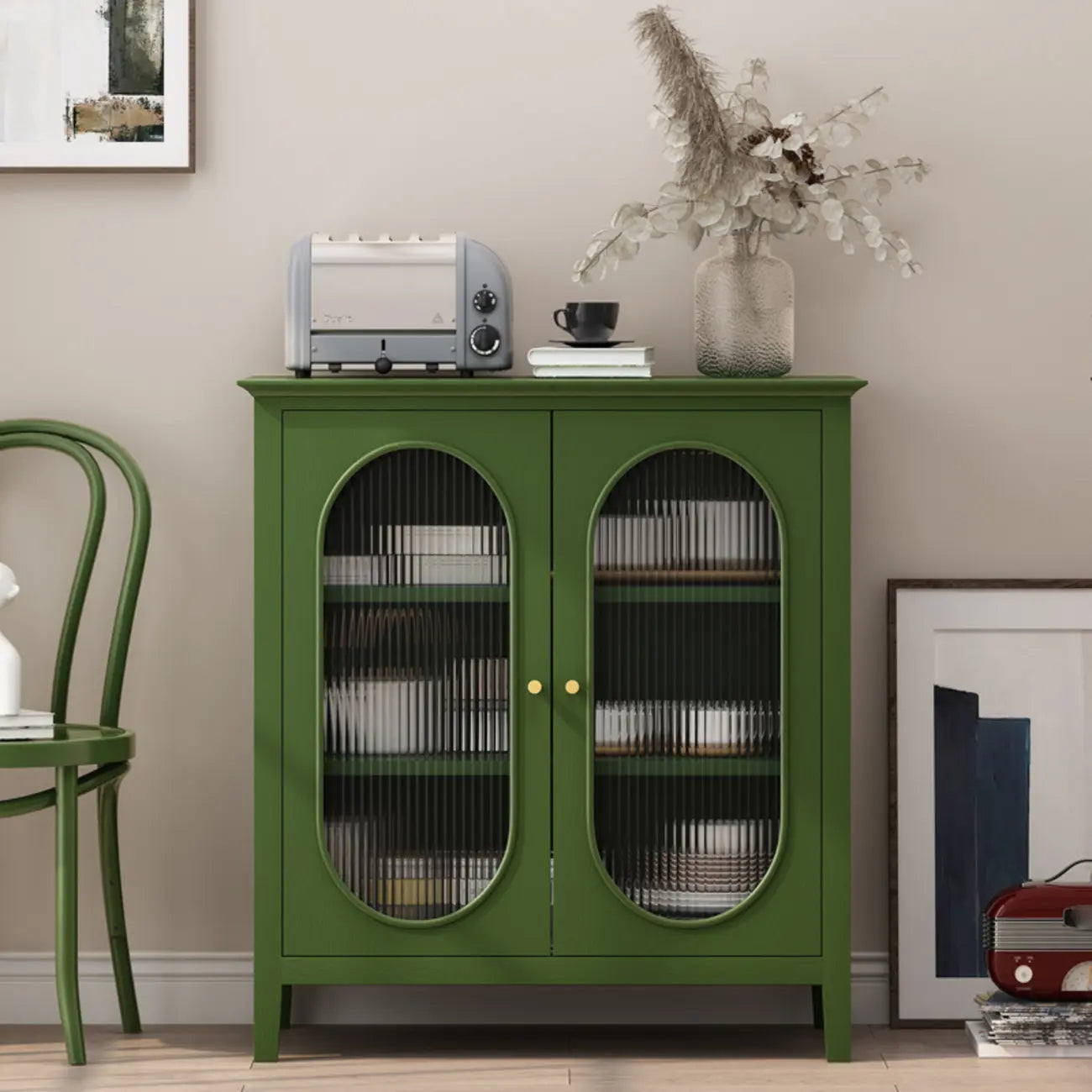3 Tiers Modern Wood Rectangular Accent Cabinet  with Glass Door
