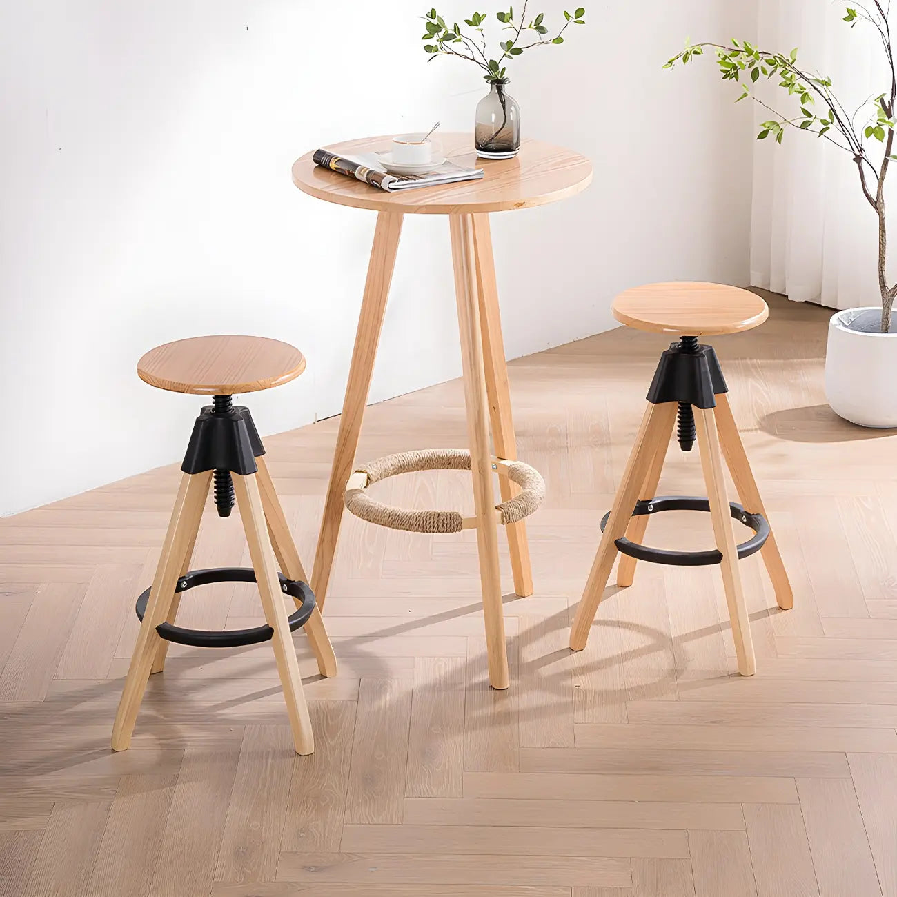 Adjustable Brown Wooden Swivel Backless Bar Stools