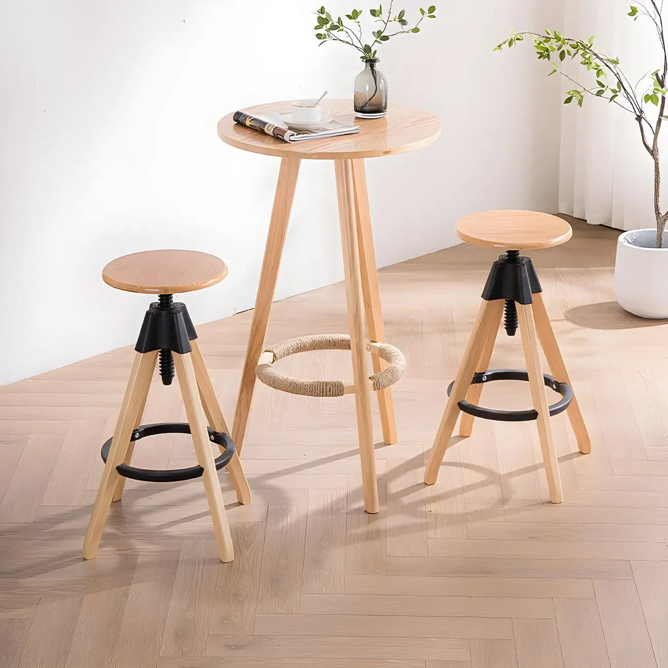 Adjustable Brown Wooden Swivel Backless Bar Stools