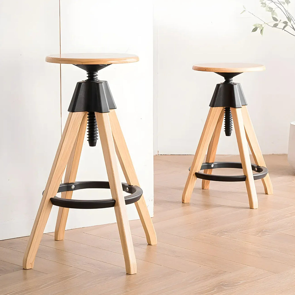 Adjustable Brown Wooden Swivel Backless Bar Stools