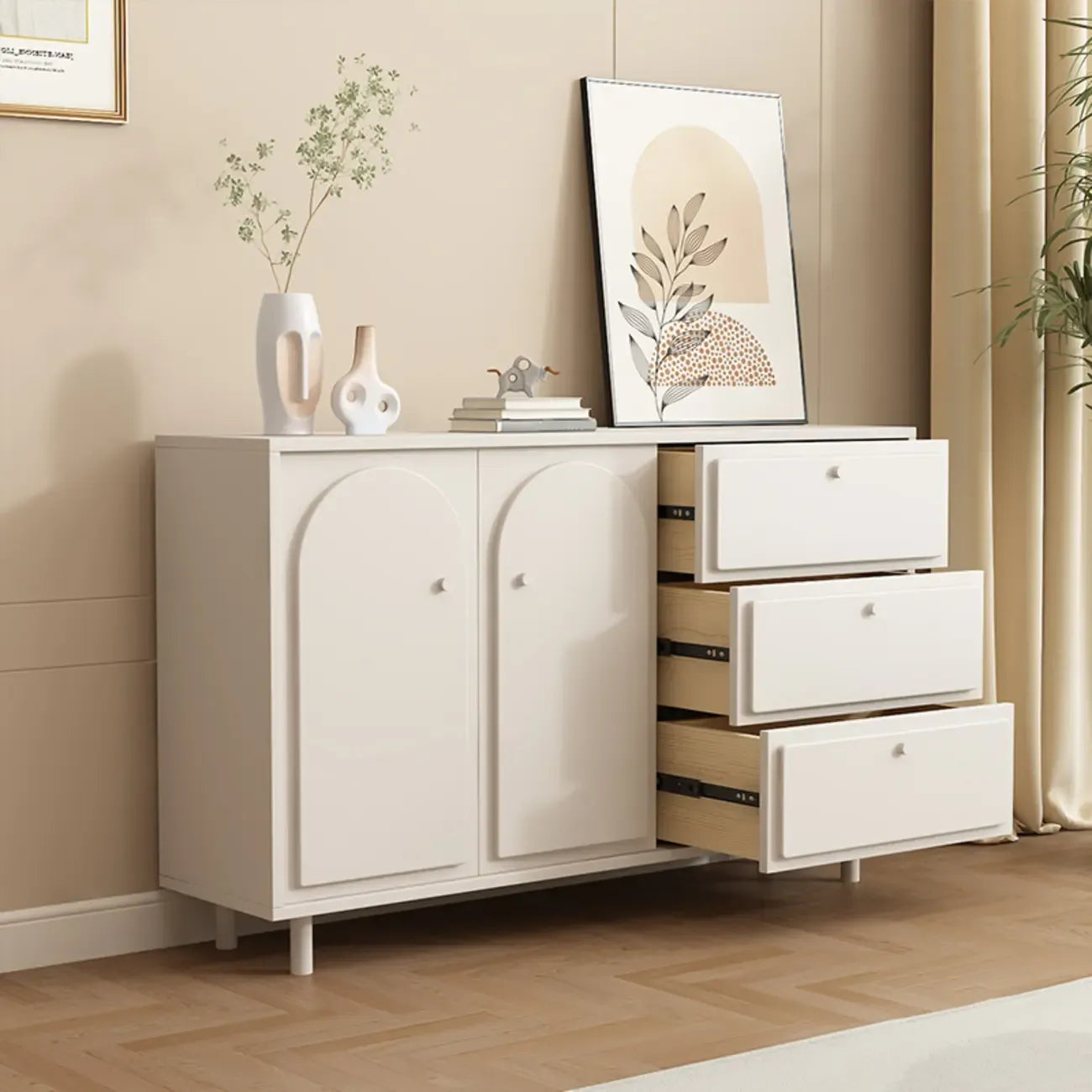 Dove Grey Wood Cabinet with Drawers for Living Room Storage