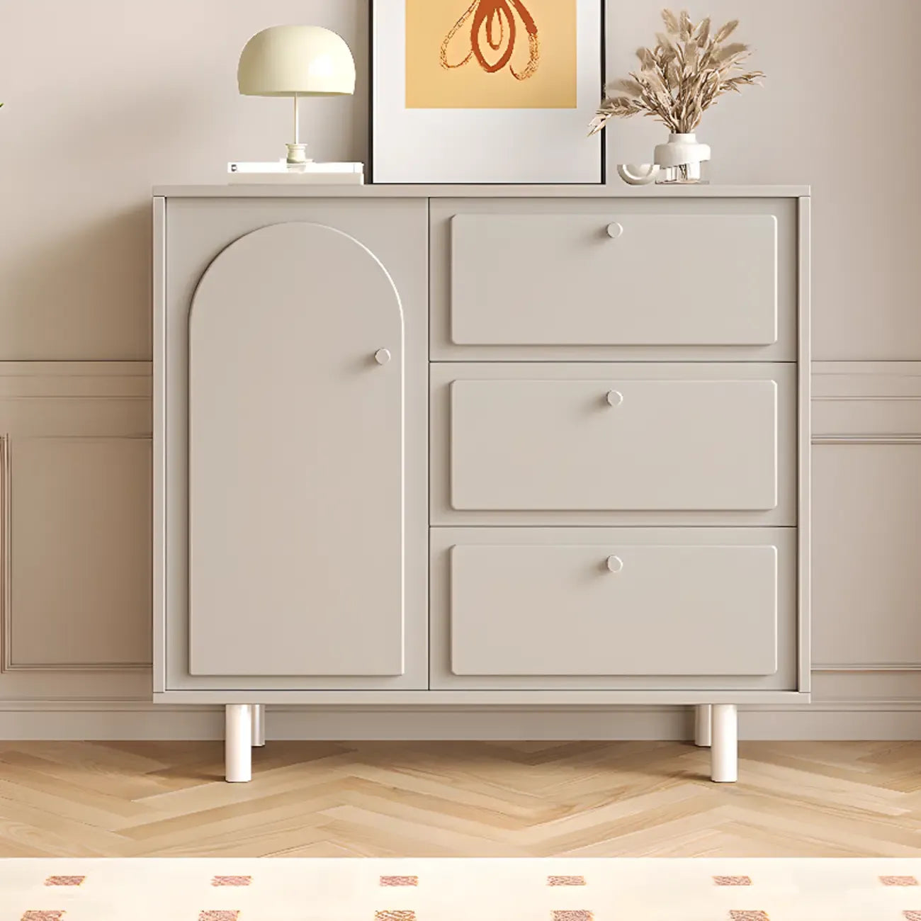 Dove Grey Wood Cabinet with Drawers for Living Room Storage
