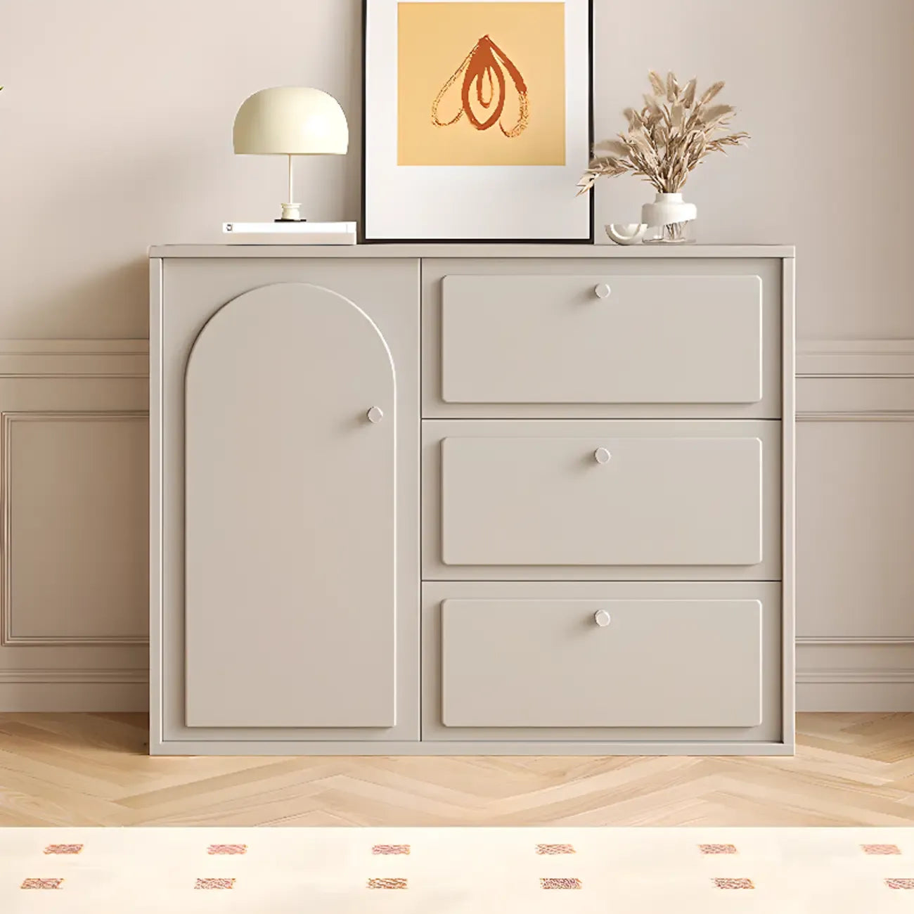 Dove Grey Wood Cabinet with Drawers for Living Room Storage