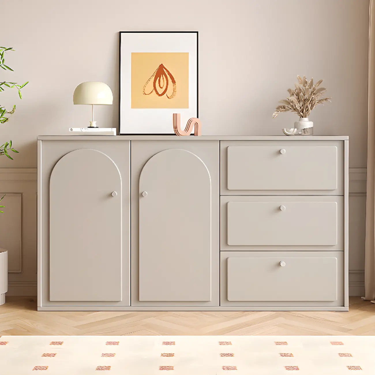 Dove Grey Wood Cabinet with Drawers for Living Room Storage