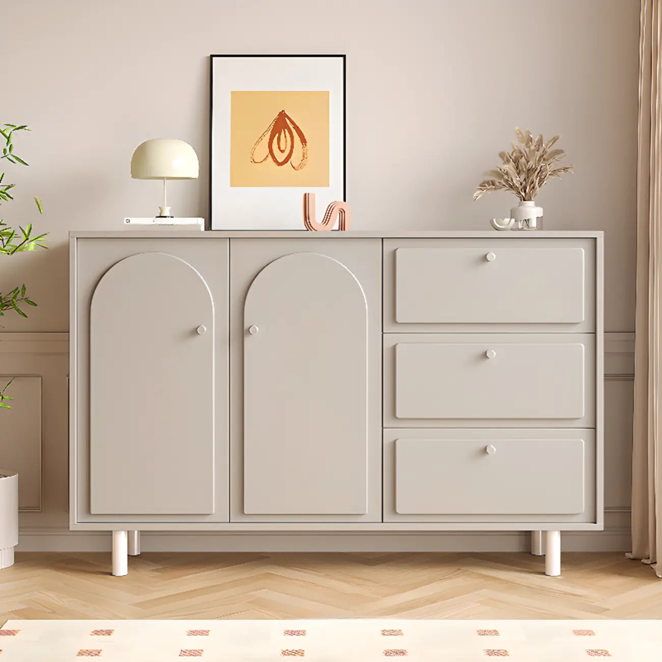 Dove Grey Wood Cabinet with Drawers for Living Room Storage