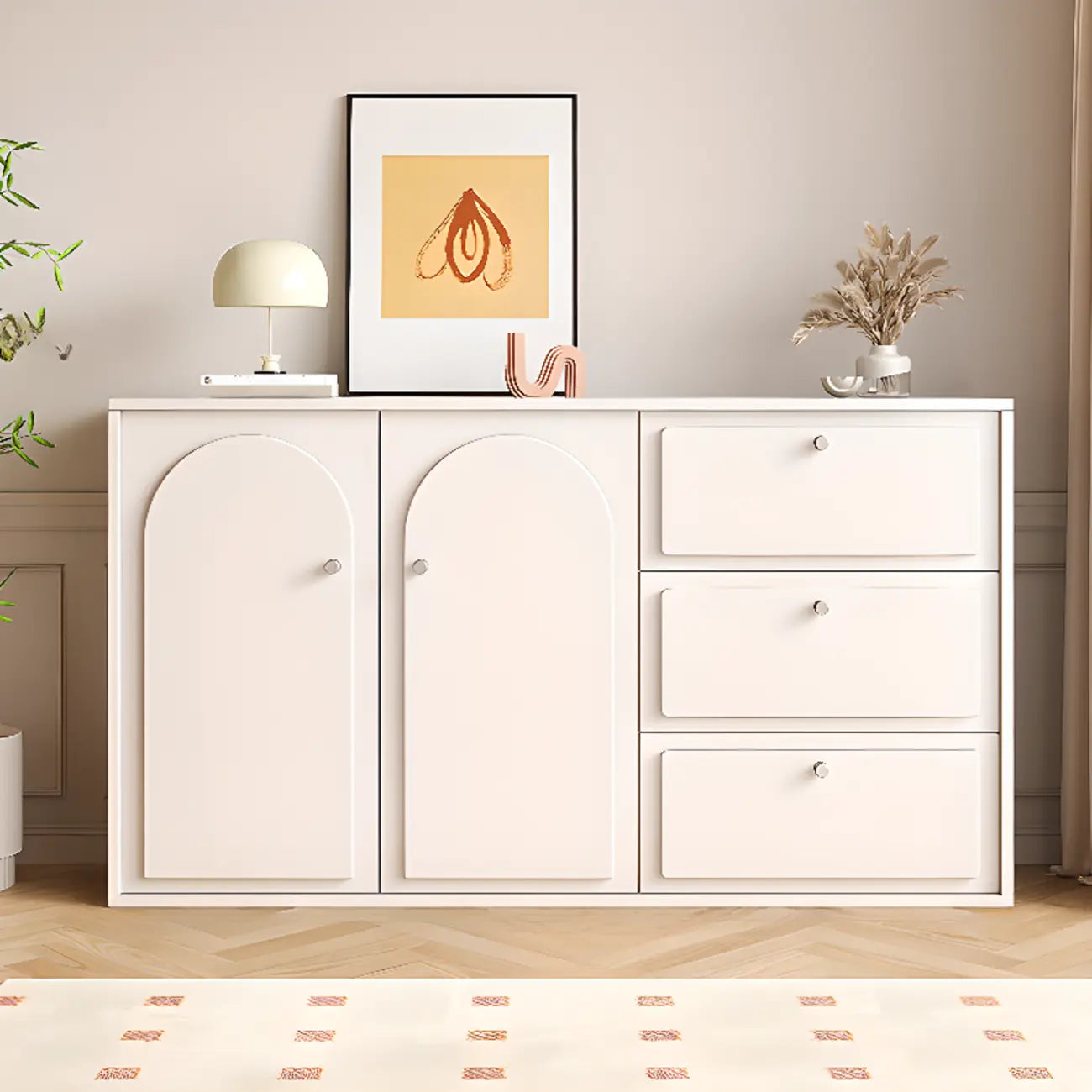 Dove Grey Wood Cabinet with Drawers for Living Room Storage