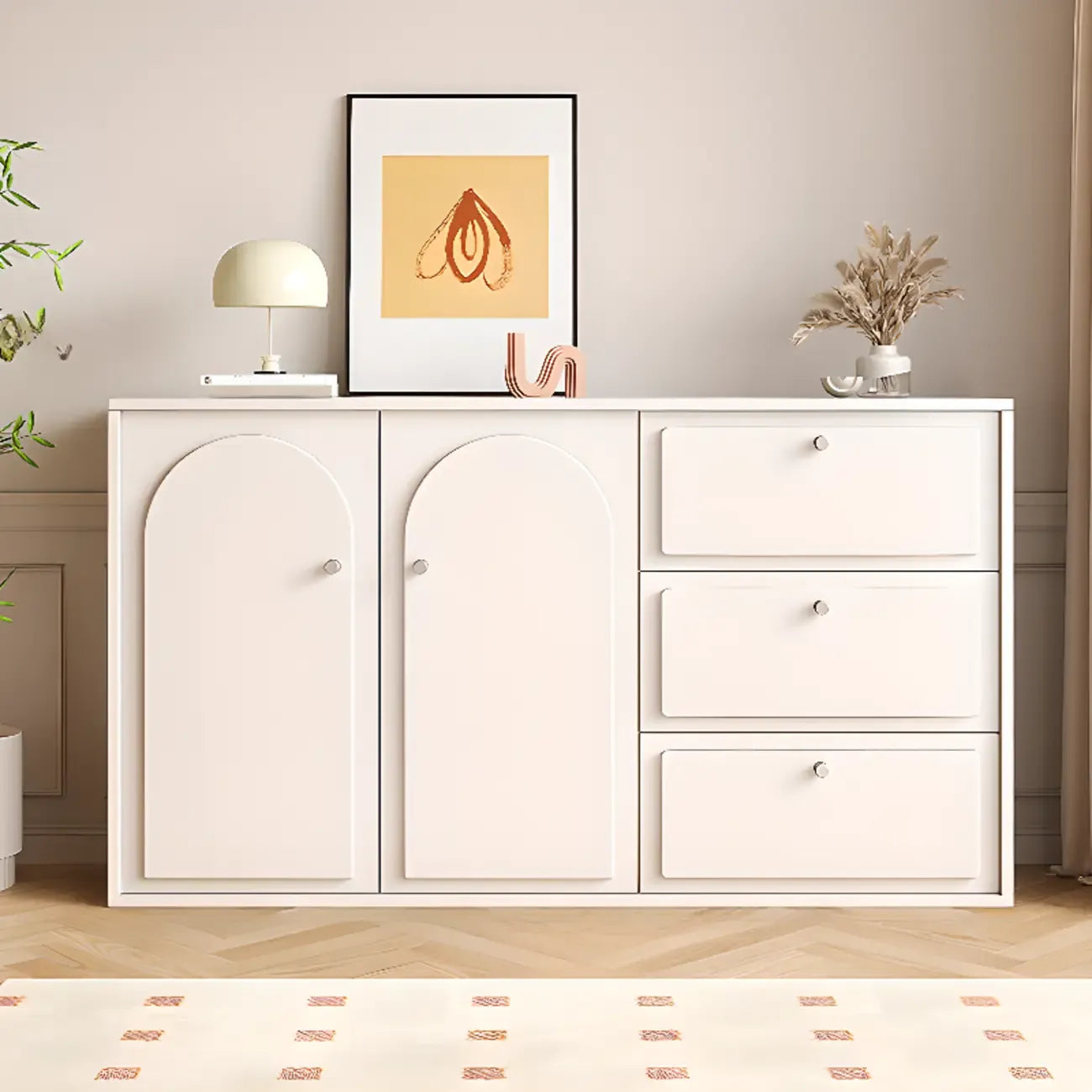 Dove Grey Wood Cabinet with Drawers for Living Room Storage