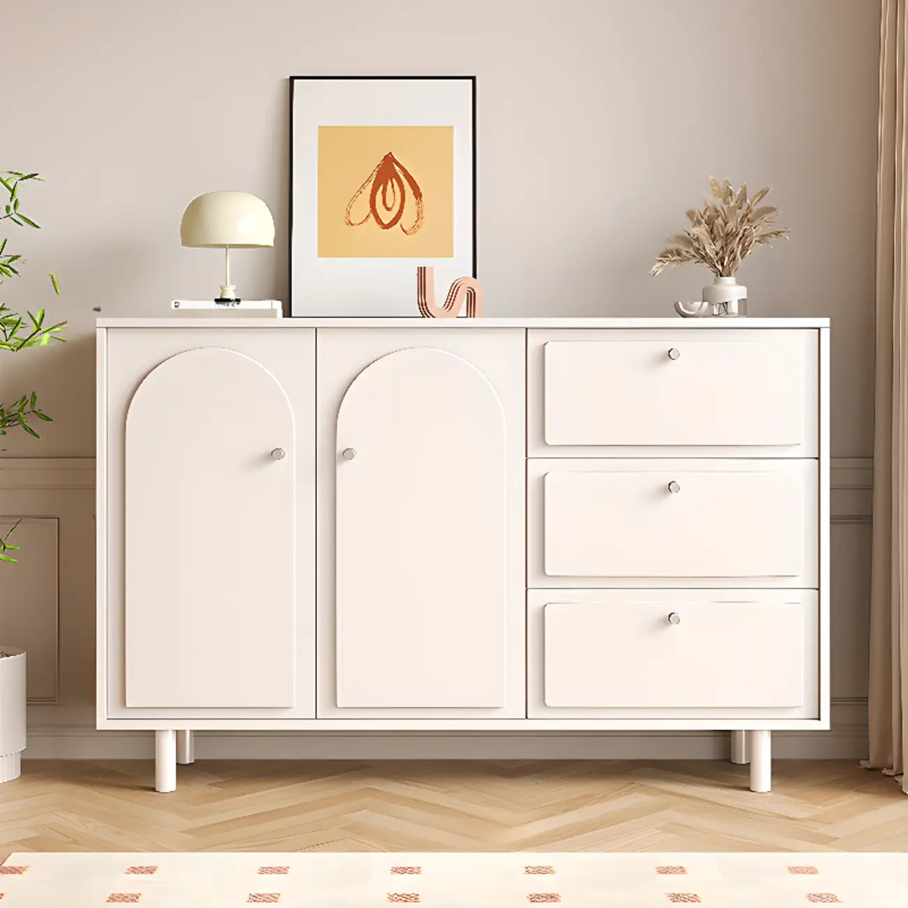 Dove Grey Wood Cabinet with Drawers for Living Room Storage