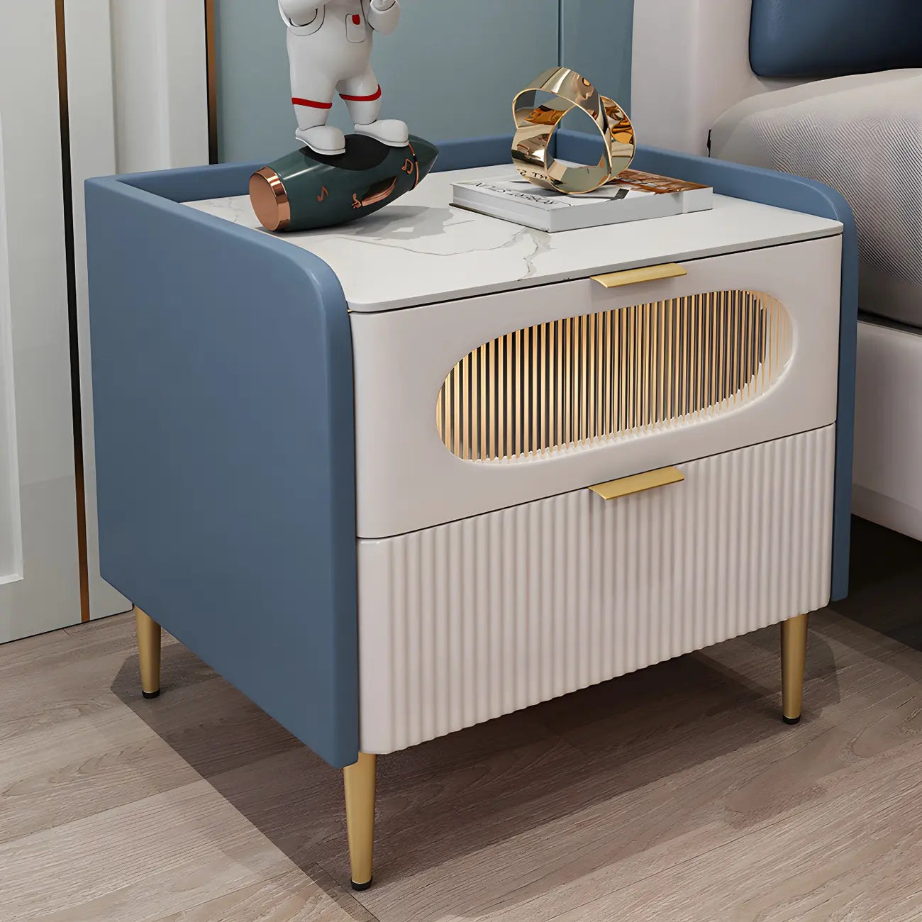 Modish Leather Bedside Table 2 Drawers with Stone Countertop