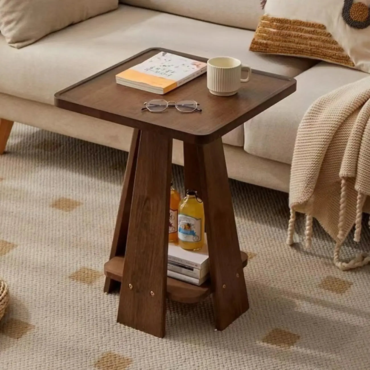 Tray Top Round Wood End Table with Storage for Living Room
