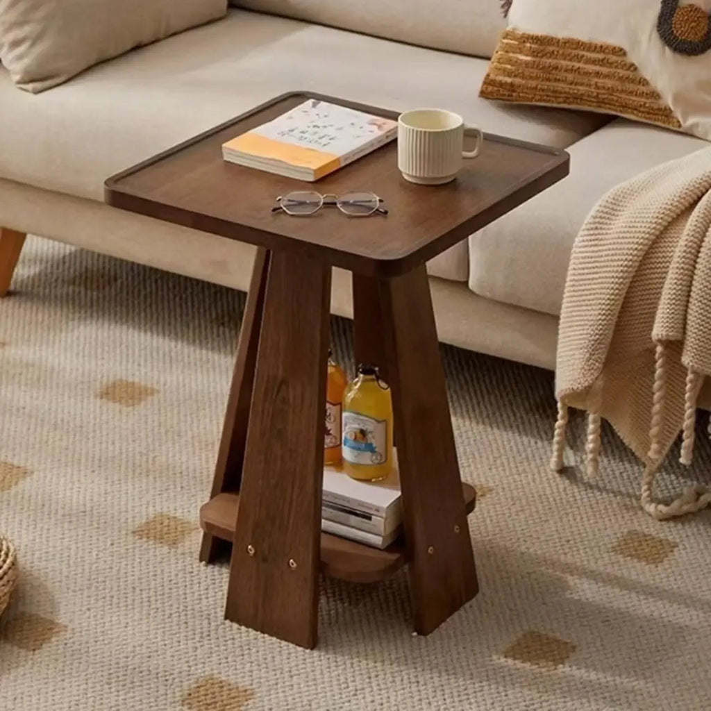 Tray Top Round Wood End Table with Storage for Living Room