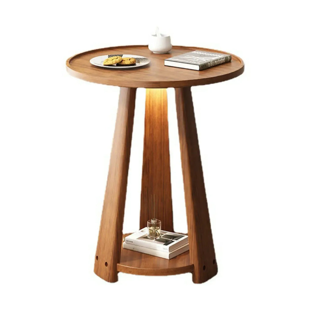 Tray Top Round Wood End Table with Storage for Living Room