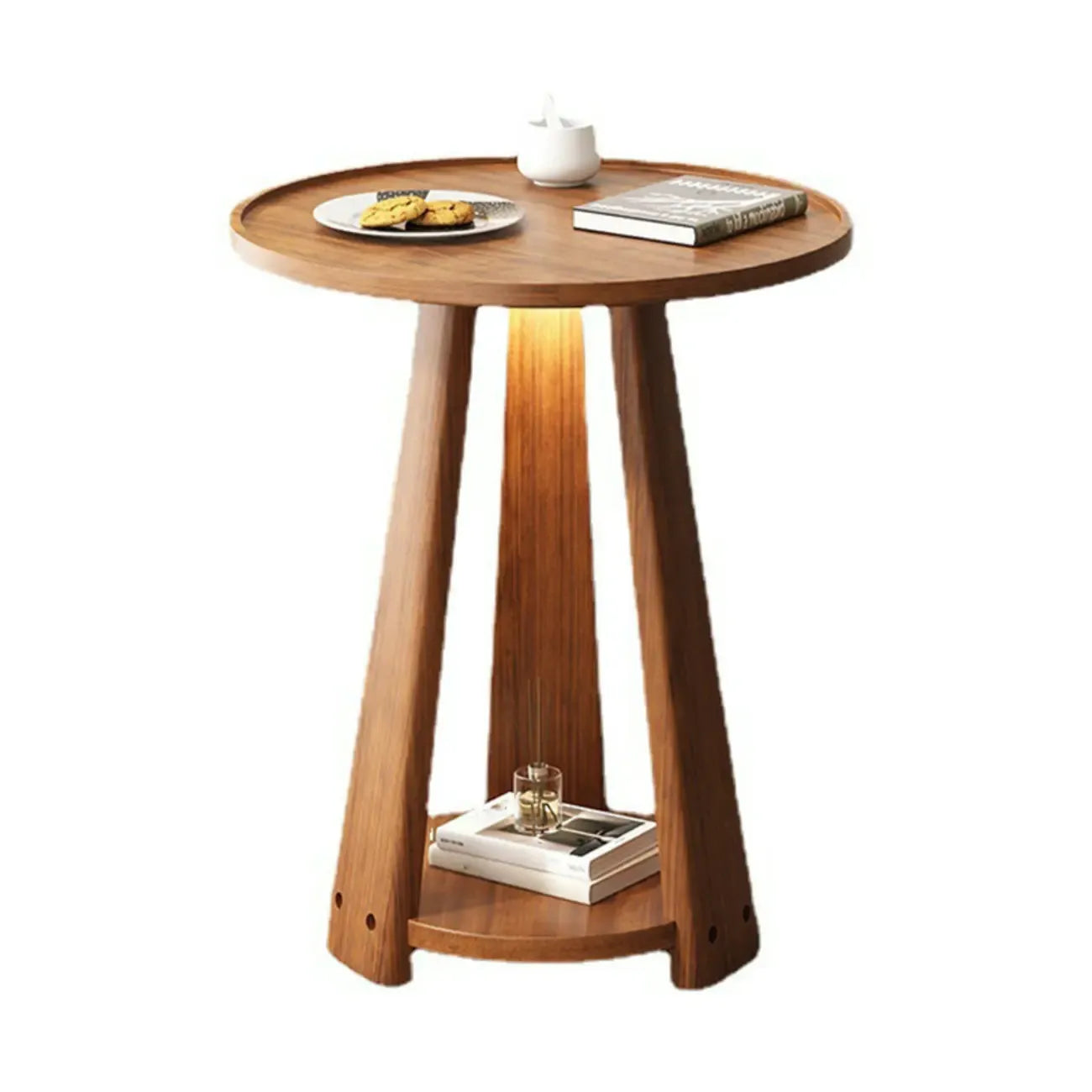 Tray Top Round Wood End Table with Storage for Living Room