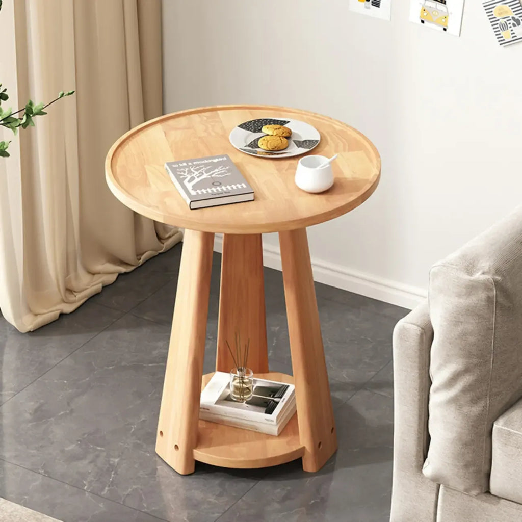 Tray Top Round Wood End Table with Storage for Living Room