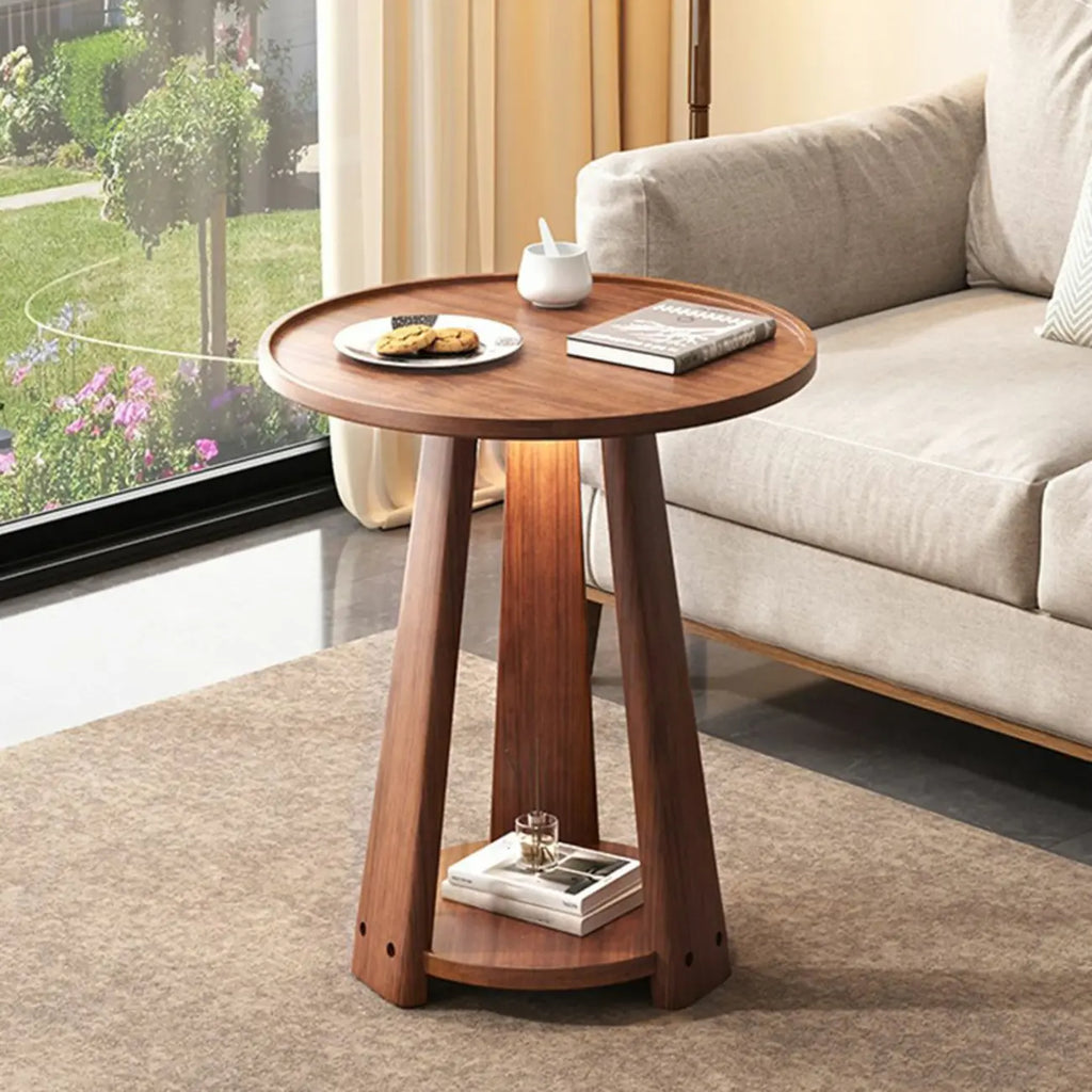 Tray Top Round Wood End Table with Storage for Living Room