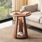 Tray Top Round Wood End Table with Storage for Living Room