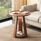 Tray Top Round Wood End Table with Storage for Living Room