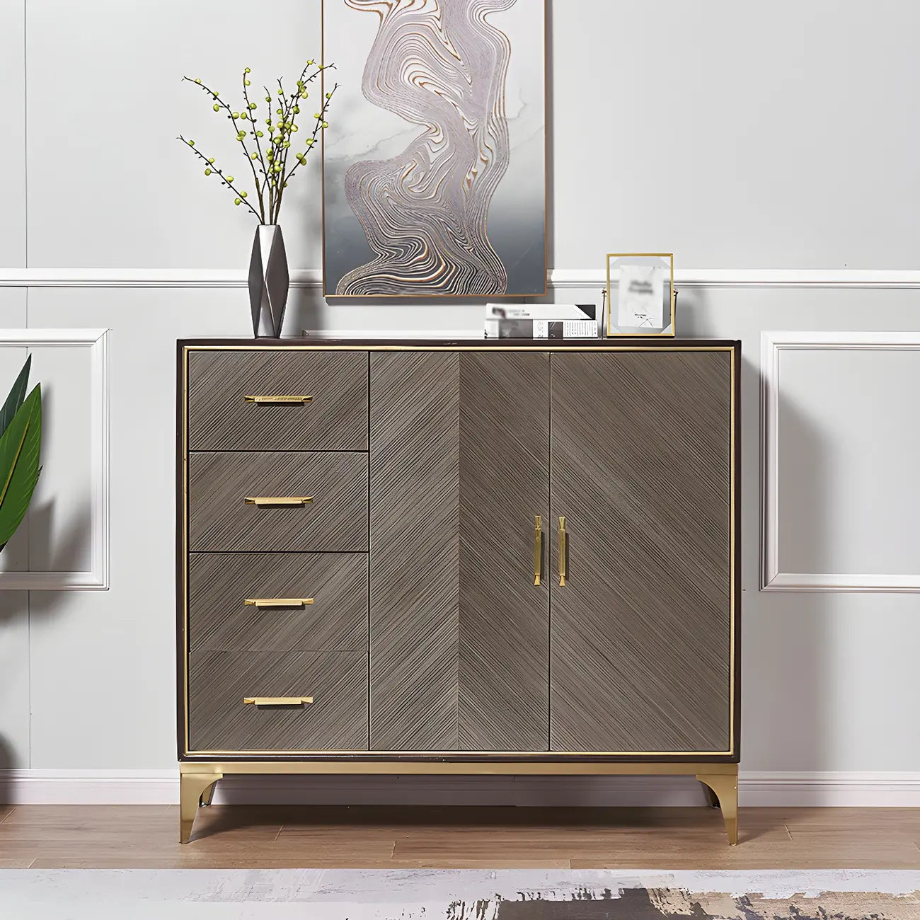 Glam Wooden Sideboard with Drawers & Adjustable Shelves