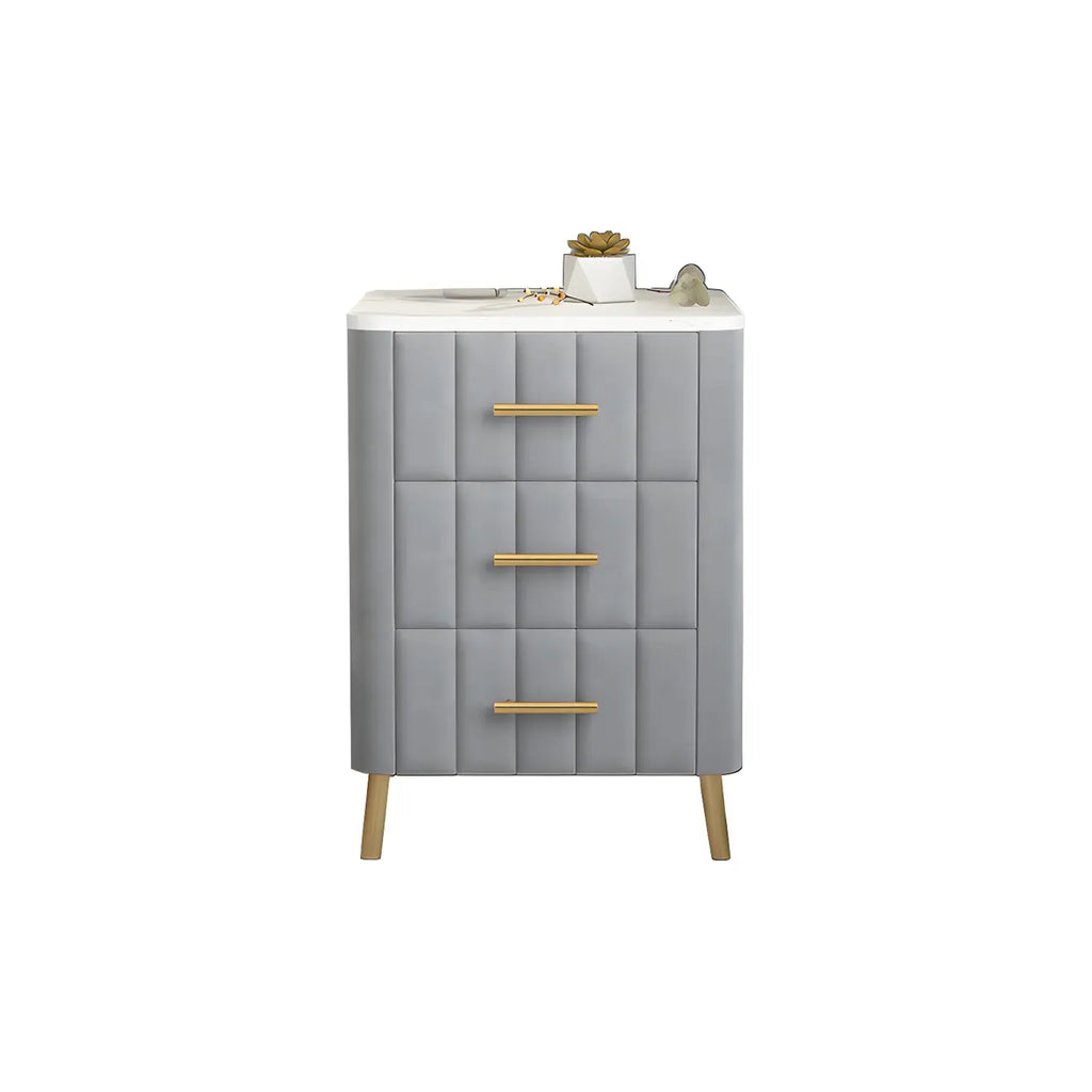 Glam Pink Leather Bedside Table with Marble Top 3 Drawers