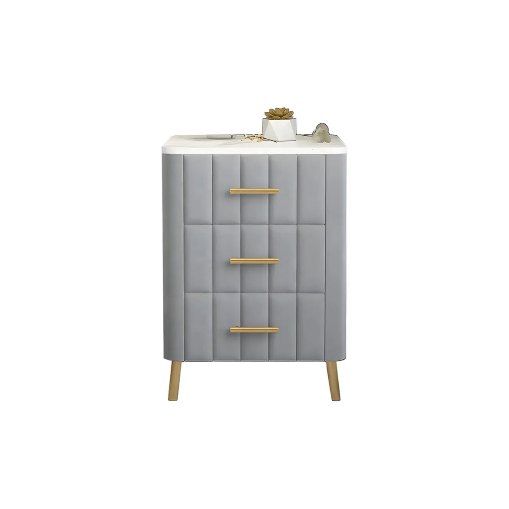 Glam Pink Leather Bedside Table with Marble Top 3 Drawers