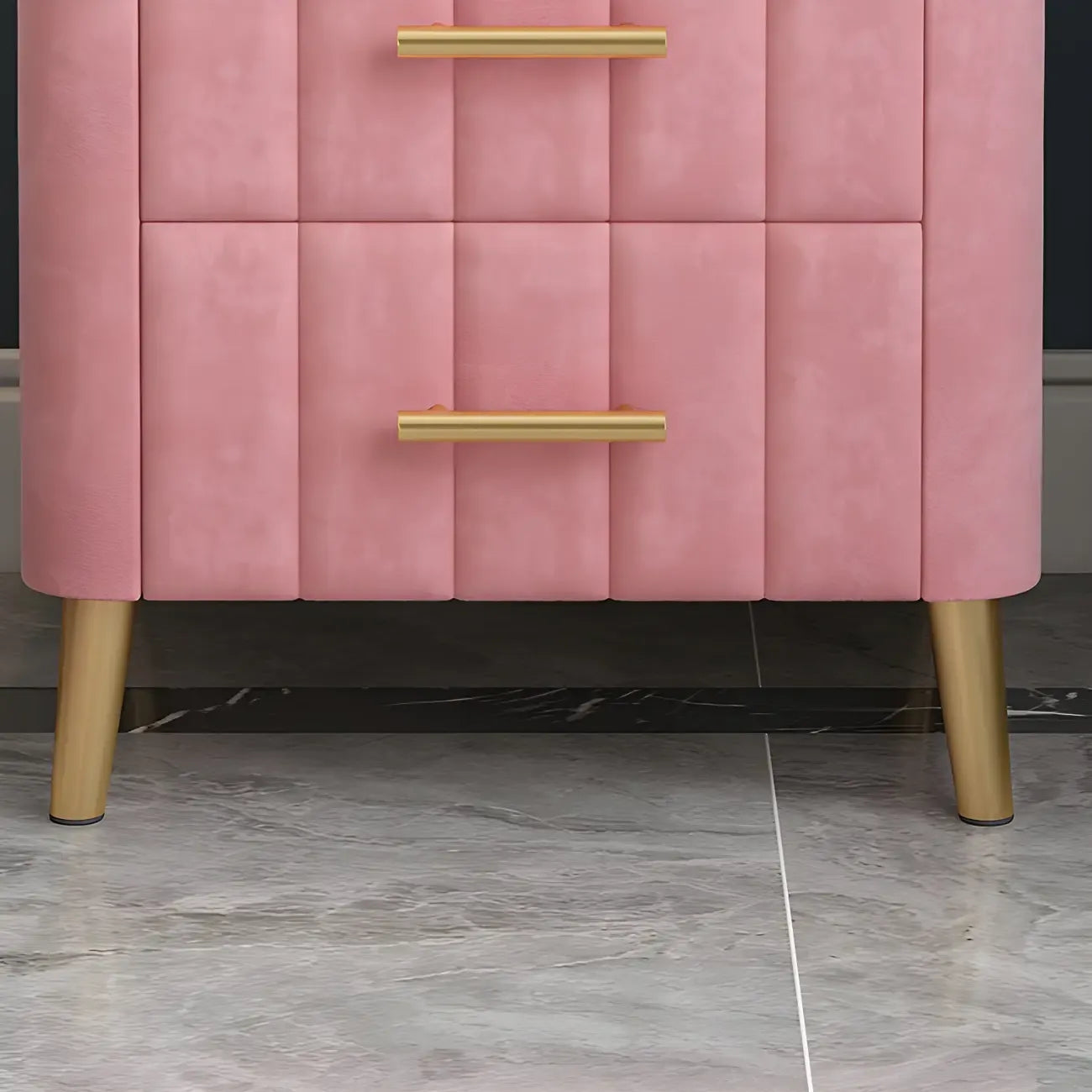 Glam Pink Leather Bedside Table with Marble Top 3 Drawers