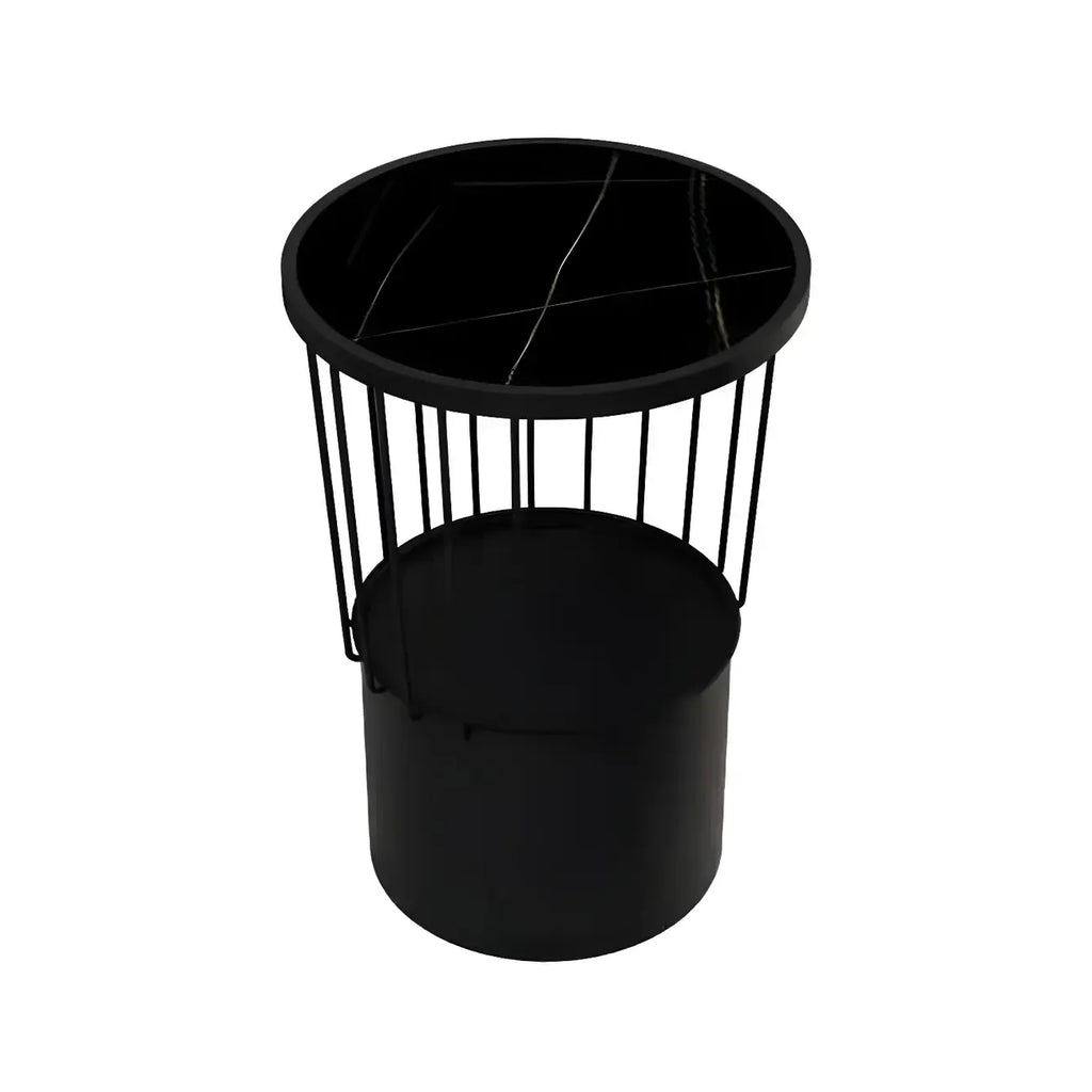 Modish Style Metal Drum Shape Bedside Table with Open Storage