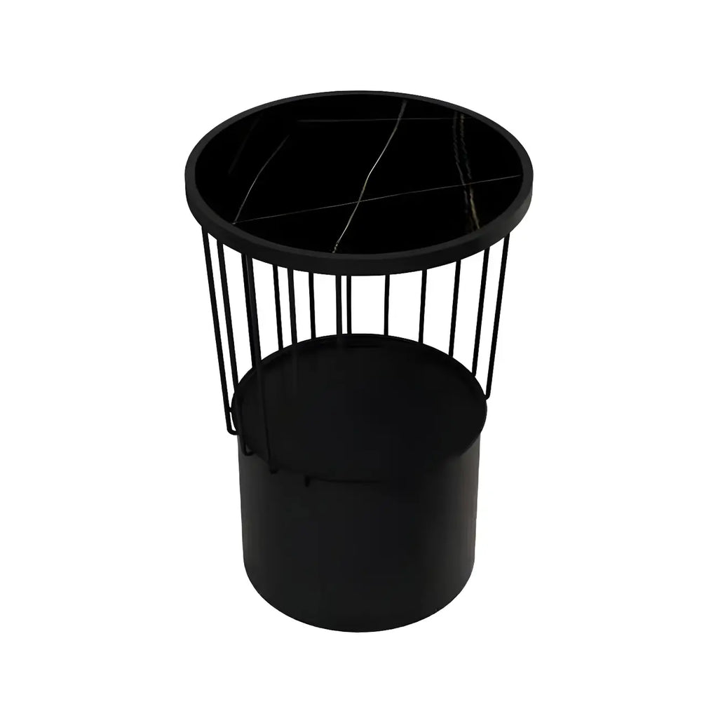 Modish Style Metal Drum Shape Bedside Table with Open Storage