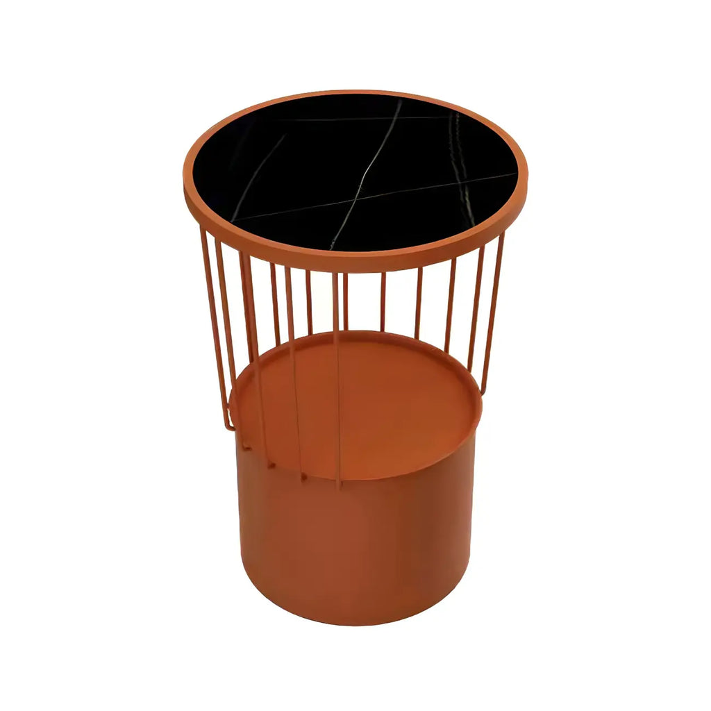 Modish Style Metal Drum Shape Bedside Table with Open Storage