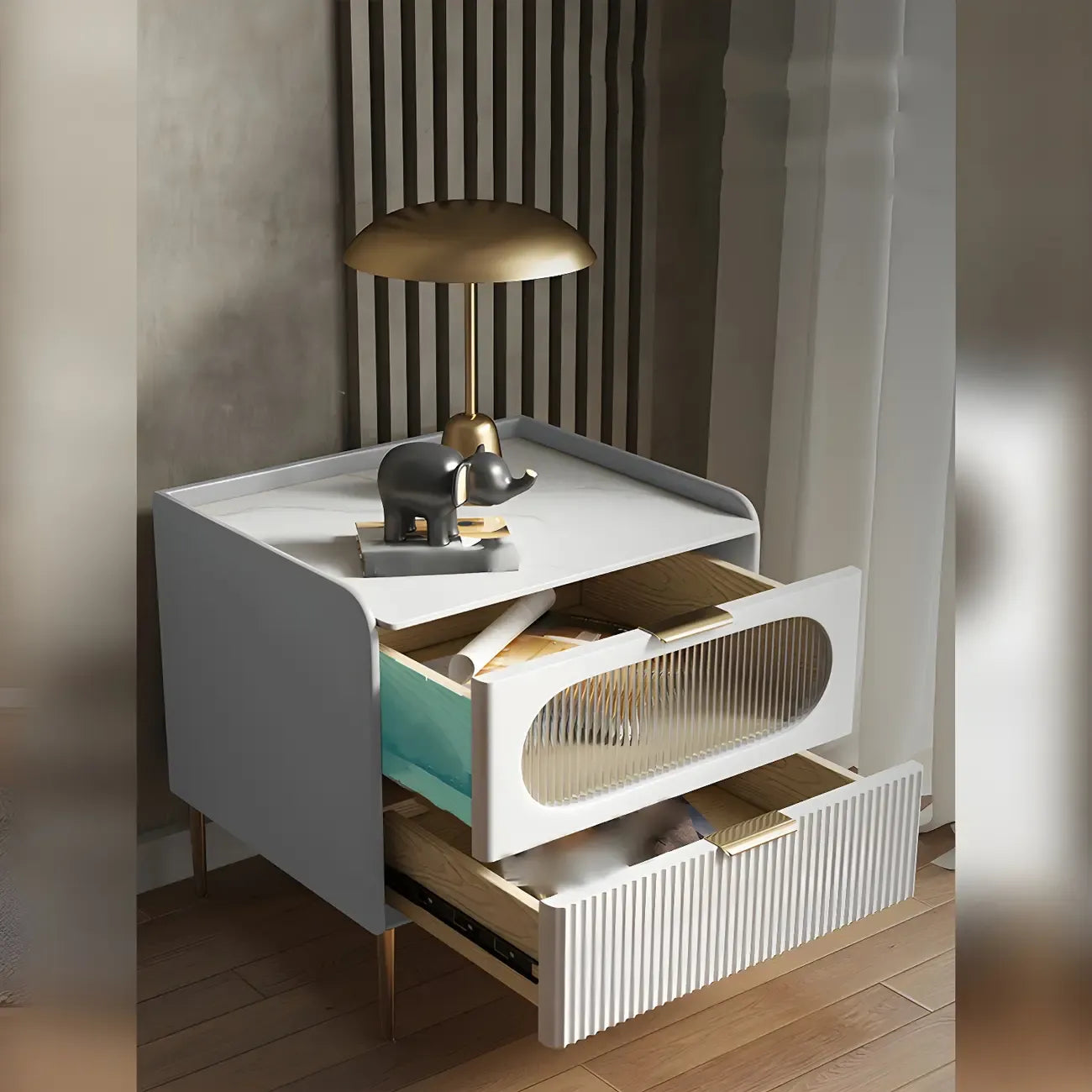 Simplistic White Wooden Bedside Table with Storage Drawers