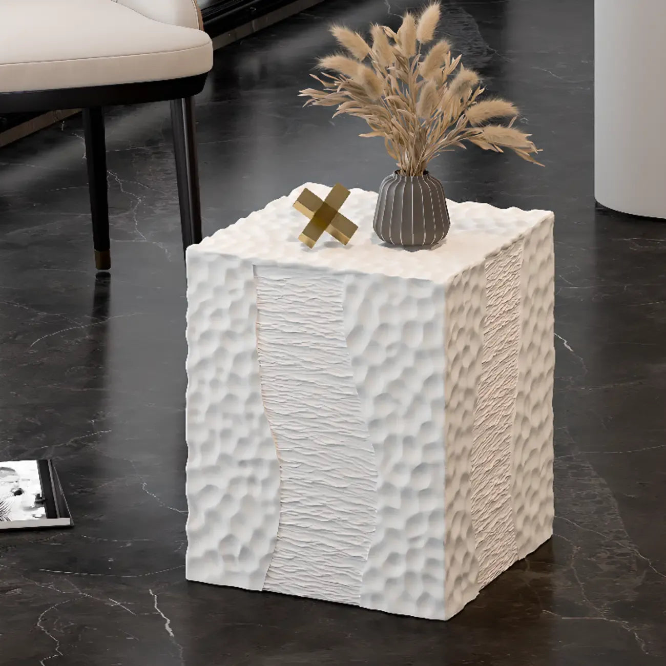 Modern White Square Block End Table for Living Room Decor