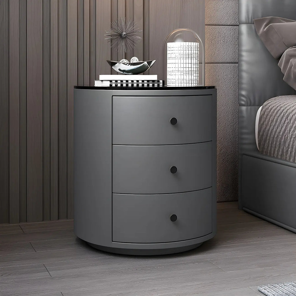 Modern Faux Leather Round Bedside Table with Two Drawers in Grey