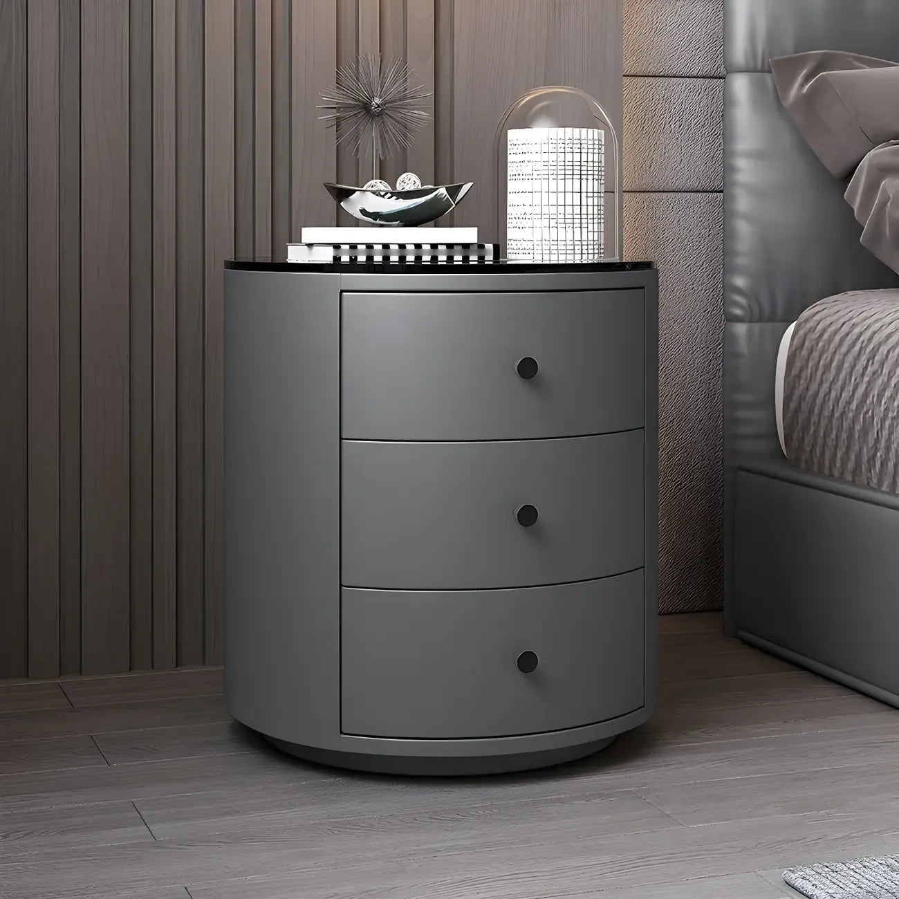 Modern Faux Leather Round Bedside Table with Two Drawers in Grey
