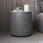 Modern Faux Leather Round Bedside Table with Two Drawers in Grey