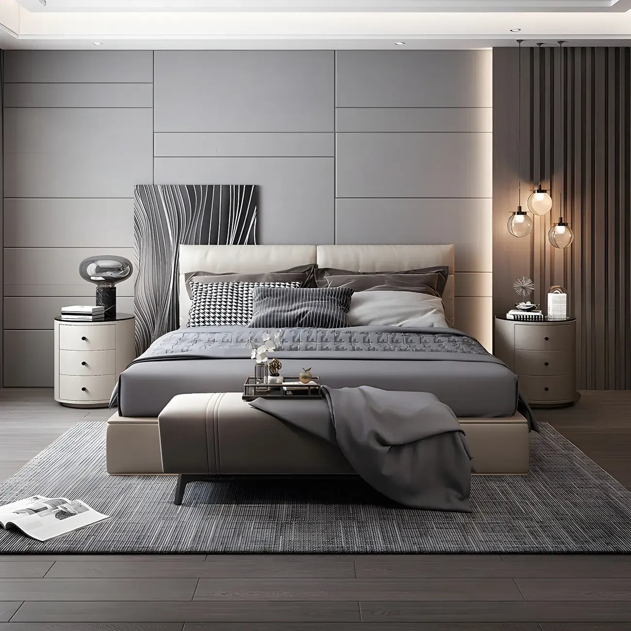 Modern Faux Leather Round Bedside Table with Two Drawers in Grey