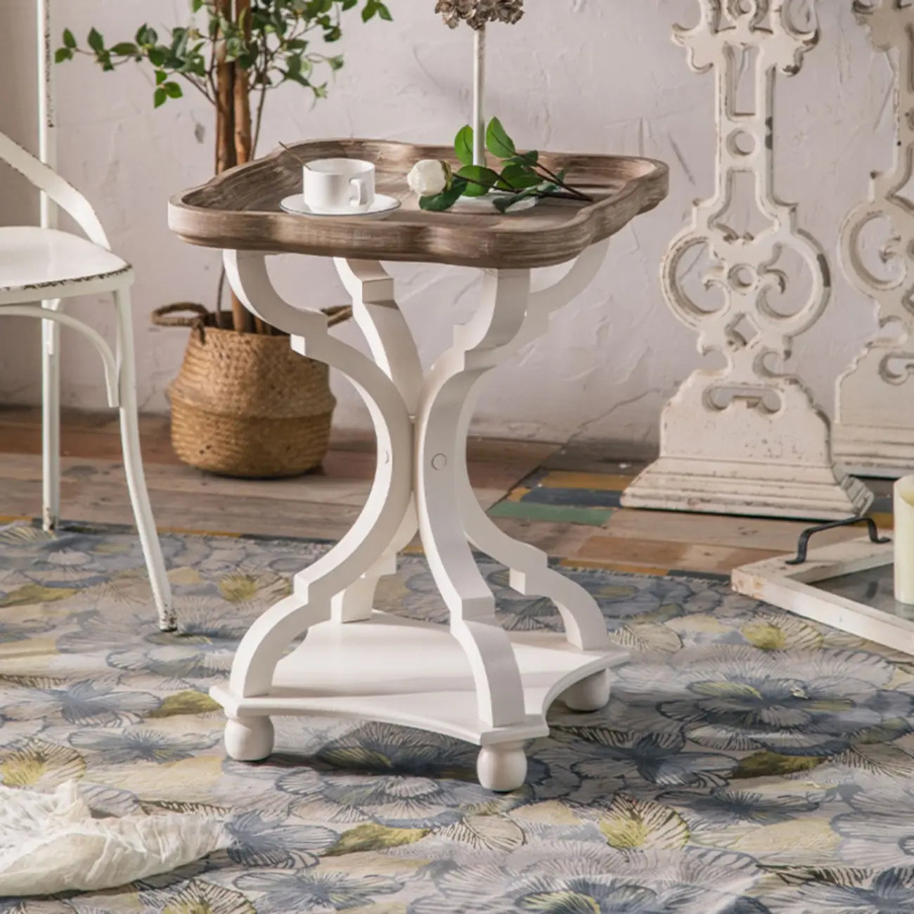 Rustic Wood Accent Side Table with Tray Top for Living Room
