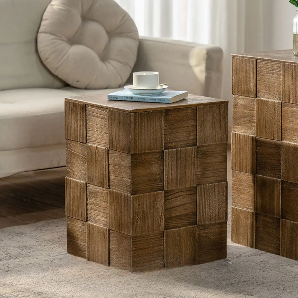 Rectangle Wood Drum End Table with Storage for Living Room