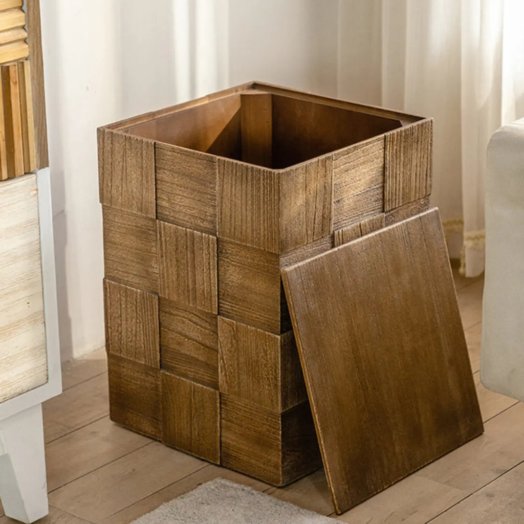 Rectangle Wood Drum End Table with Storage for Living Room